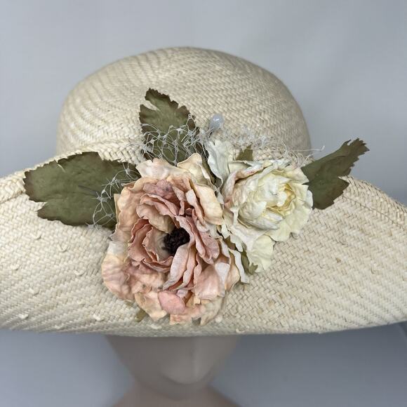 Vintage 80s Floral Straw Sun Hat Wide Brim Cottagecore Garden Party main image 5